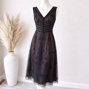 BCBGMAXAZRIA Black Embroidered Mesh Midi Dress Size 10 Illusion Lace